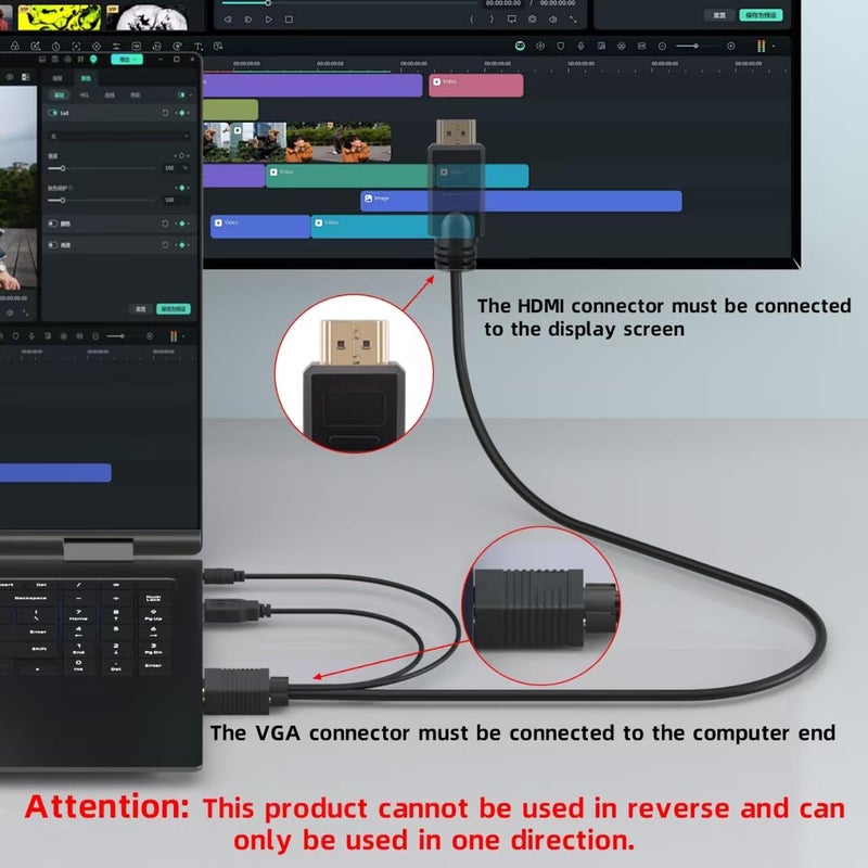 Kirzi كابل VGA (المصادر) إلى HDMI (العرض) بطول 3 أقدام مع صوت، محول كابل VGA إلى HDMI متوافق جيدًا مع الكمبيوتر/البروجيكتور/اللابتوب إلى الشاشة/التلفاز، سطح المكتب - Image 2